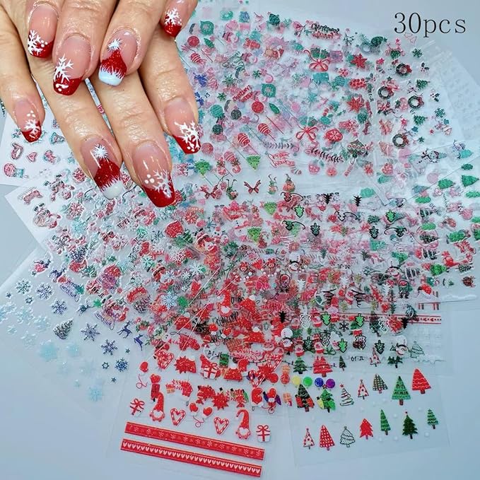 Glitter Christmas Nail Art Stickers for Set 3D Self- Adhesive Nail Supplies Snowflake Elk Santa Claus Cute Penguin Deer Snowman Nail Decals with Design Sparkly Xmas Winter Nail Decoration for Women