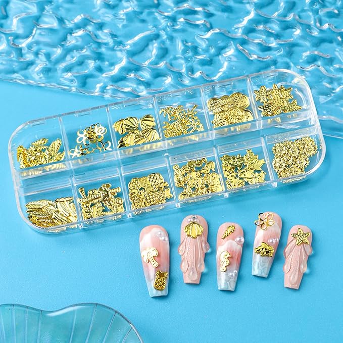 Gold Stars Moon Nail Accessories Golden Metal Shell Seahorse Jellyfish Nail Art Glitter Sequins 3D Golden Flower Nails Supplies Jewelry Studs Nail Decoration Kit Suitable for Women Acrylivc Nail
