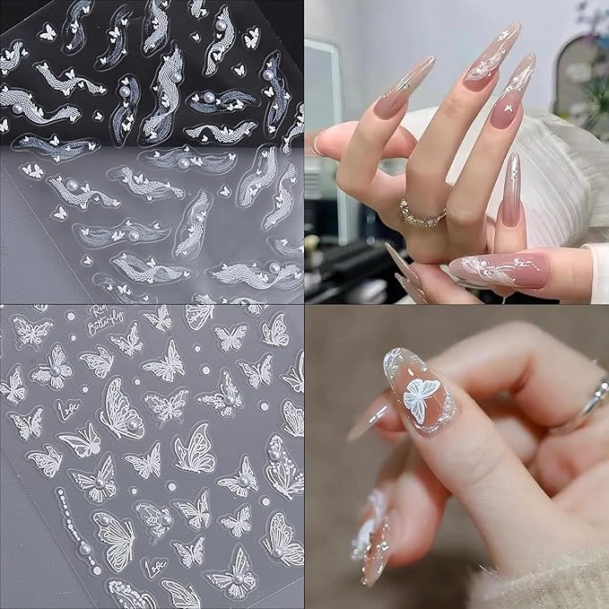 3 Sheets White Bow Ribbon Nail Art Stickers Pearl Lace Rhinestone Embossed Nail Decals Butterfly Pearl Design Self-Adhesive Nail Stickers Women's Nail Art Supplies