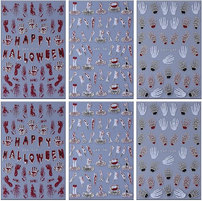 6 Sheets Halloween Nail Art Stickers 3D Self -Adhesive Bloods Hand Skeleton Nail Decals Holographic Blood Knives Nail Stickers Halloween Nail Decoration for Women Manicure Supplies