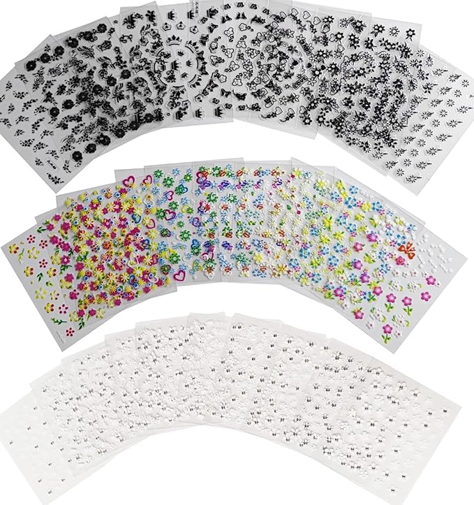 30 Sheets Flower Nail Art Stickers White Black Colorful 3D Self-Adhesive Nail Decals for Women Girls, DIY Manicure Designs Fake Nails Decorations Salon Supplies