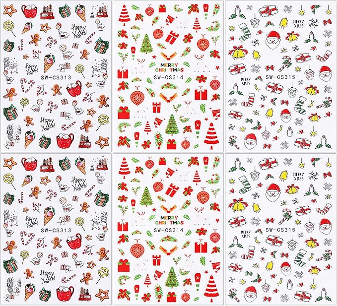 6 Sheets Christmas Nail Stickers for Nail Art Cute Xmas Candy Gingerbread Men Santa Claus Nail Decals 3D Self-Adhesive Bell Christmas Tree Nail Design Winter Snowflake Nail Art Stickers for Women