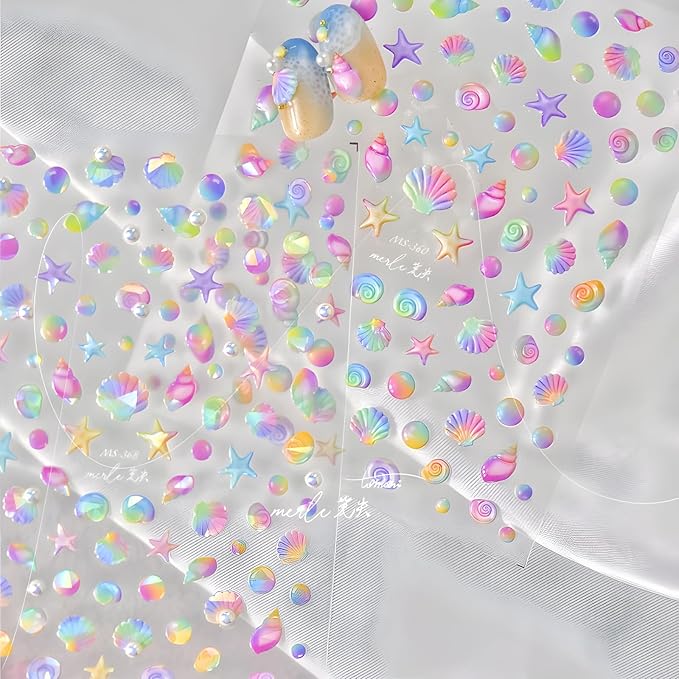 2 Sheets Starfish Nail Stickers - 5D Embossed Self-Adhesive Decals for Summer Nail Art - Colorful Beach Shell Design Supplies Decoration for Women and Girls