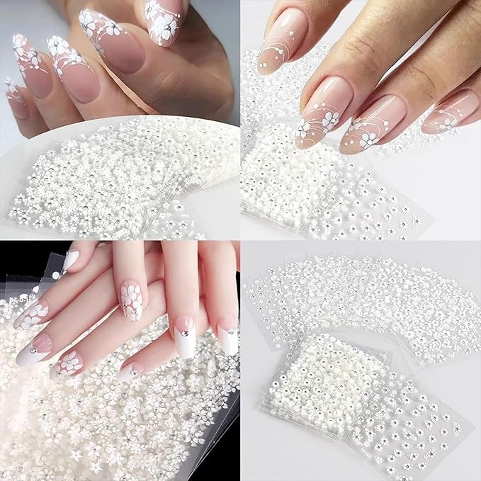 30 Sheets White Flower Nail Art Stickers with Rhinestones Designs - 3D Self Adhesive Nail Decals for Women & Girls