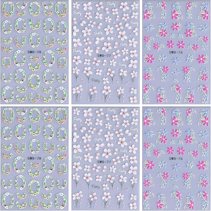 6 Sheets Flower Nail Art Stickers Rose Daisy Nails Art Decals 3D Self-Adhesive Nails Sticker Holographic Stereo Blossom Decal Decoration for Women Wreath Manicure Stickers DIY Nail Supplies