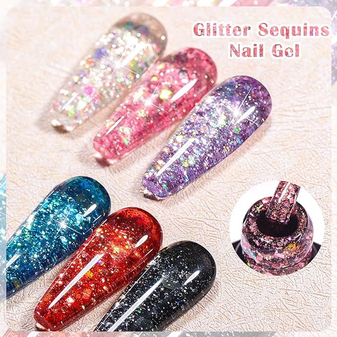 MEET ACROSS Gel Nail Polish Set 6 Pcs Glitter Colors Gel Nail Kit Art Design Soak Off UV LED (SET-3, 6pcs)