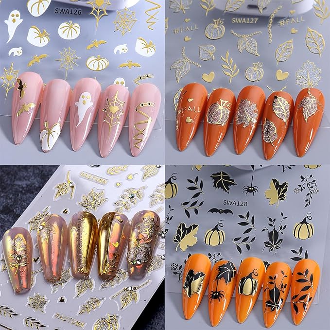 4 Sheets Halloween Nail Art Stickers Decals Fall Nail Decals Gold 3D Self-Adhesive Ghost Bat Spider Web Pumpkin Nails Decor Autumn Maple Leaf Nails Designs Stickers for Women Party Manicure Supplies