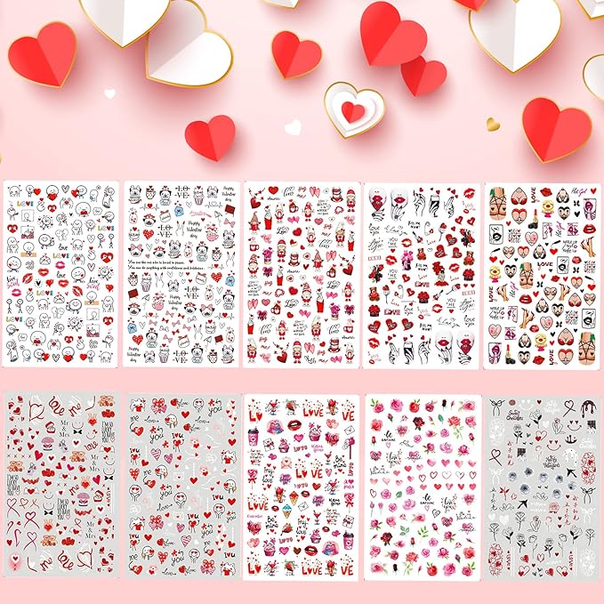 TailaiMei Valentine's Day Nail Stickers, 10 Sheets Self-Adhesive Nail Art Decals for DIY Nail Decorations, Cartoon Design for Teddy Bears, Sexy Breasts (Cartoon Style)