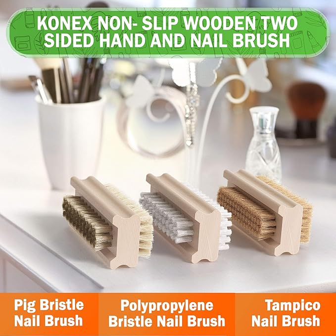 Konex Non-Slip Wooden Two-Sided Nail Brush for Cleaning Fingernails - Nail Scrubber with Natural Boar Bristle - Essential for Daily Use