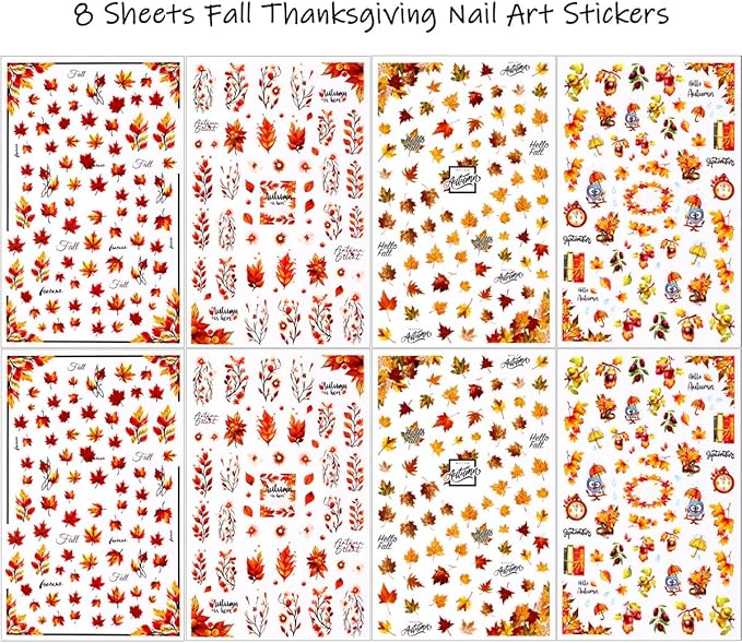 Fall Nail Art Stickers 8 Pcs 3D Self-Adhesive Thanksgiving Nail Decals Maple Leaves Pine Cone Deer Nails Designs Autumn Nails Decorations for Women DIY Manicure Art Supplies
