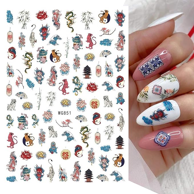 8 Sheets Blue and White Porcelain Nail Art Stickers Decals Self-Adhesive Pegatinas para Uñas Retro Elements Tiger Lion Dragon Flowers Design Manicure Tips Nail Decoration for Women Girls
