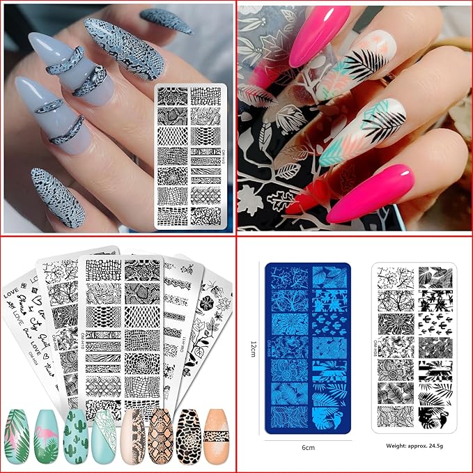6pcs Nail Art Stamping Plates Set Manicuring Accessories Coconut Tree Leaves Flowers Birds Cactus Island Geometry Image Template for DIY Tips Decoration