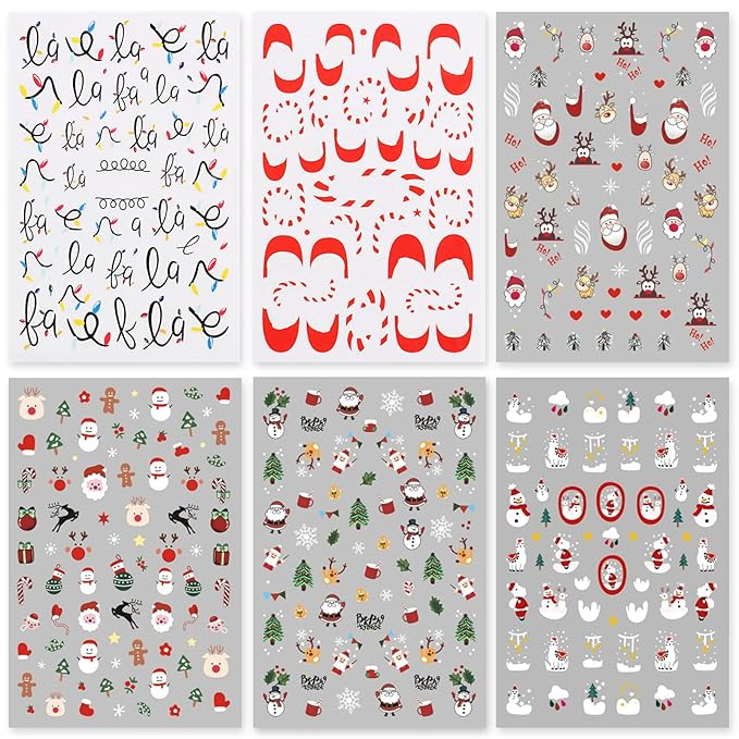 Christmas Nail Art Stickers, Self-Adhesive Colorful Light String, Santa, Elk, Snowflake Design for Holiday Nail Decals, Pegatinas Uñas Navidad DIY Decorations (6 Sheets)