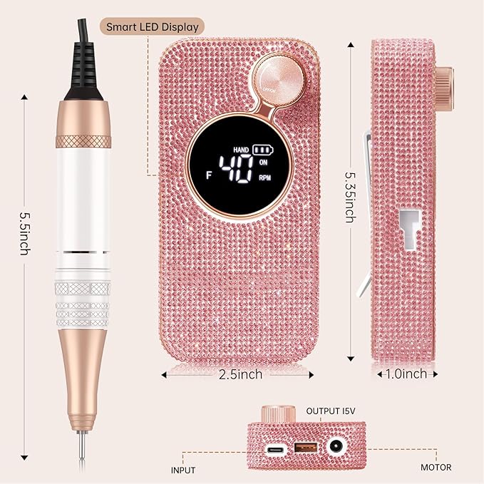 Electric Nail Drill,40000RPM Cordless Nail File Diamond with 12 Drill Bits for Acrylic Nails Gel Polishing,E File Nail Kit Machine for Manicure Salon Home (Pink Diamond)