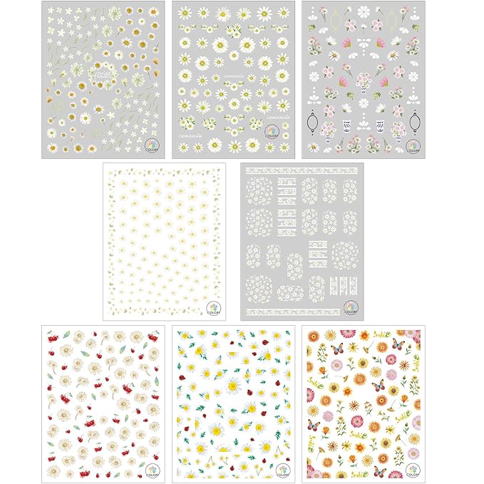 winthrop 8 Sheets Daisy Nail Art Stickers, Charming Flower Chrysanthemum 3D Trendy Design Self-Adhesive Spring Summer Nail Art Decals, DIY Manicure Decoration Supplies Accessories for Women Girls