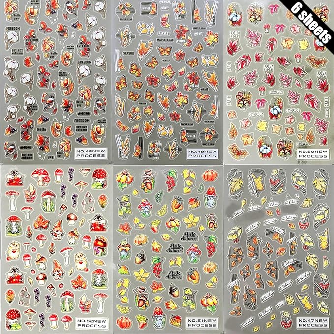6 Sheets Fall Nail Art Stickers 3D Maple Leaf Nail Decals Autumn Gold Yellow Leaves Mushroom Squirrel Self-Adhesive Nail Designs Thanksgiving Nail Stickers for Women Girls Acrylic Manicure DIY Decor