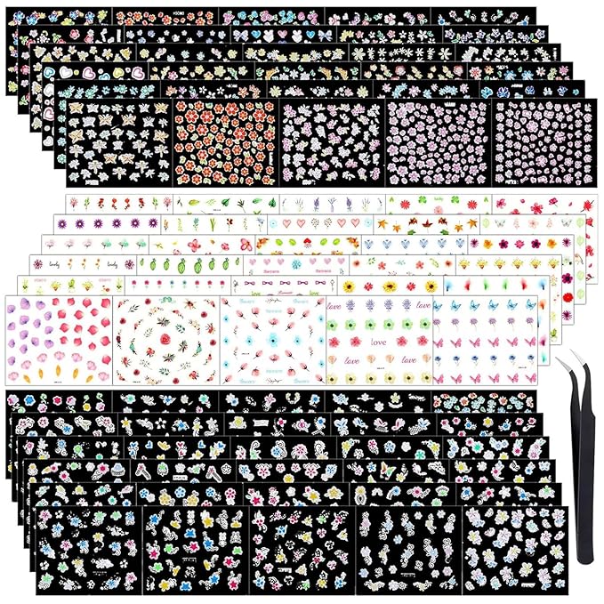 Blulu 5000 Pcs Flower Nail Stickers 100 Sheets 3D Self Adhesive Nail Stickers Multi Design Decals Multicolor Flower Manicure Decals with Tweezer(Retro Floral Series)
