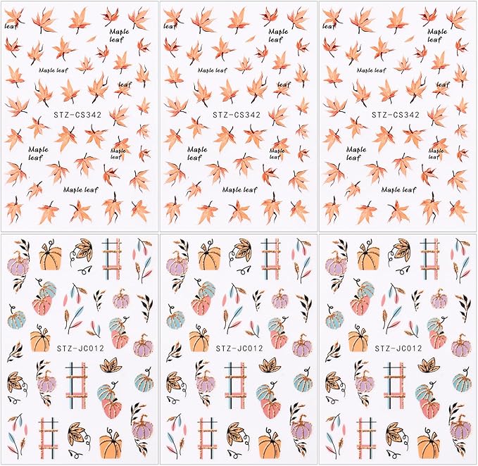 6 Sheets Fall Nail Stickers for Nail Art Cute Pumpkin Nail Decals Autumn Maple Leaf Nail Art Stickers 3D Self-Adhesive Glitter Thanksgiving Day Pumpkin Nail Decoration for Women Nails Design Supplies