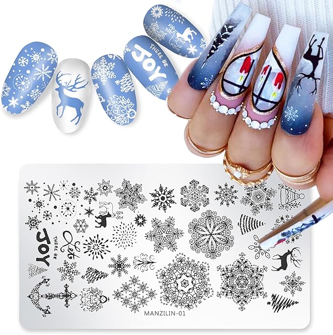 Christmas Nail Stamping Plates - Winter Stamp Kit with Snowflake, Santa Claus, Christmas Tree, Elk & Candy Bells Designs - DIY Stainless Steel Nail Image Polish Template Kit (8Pcs)