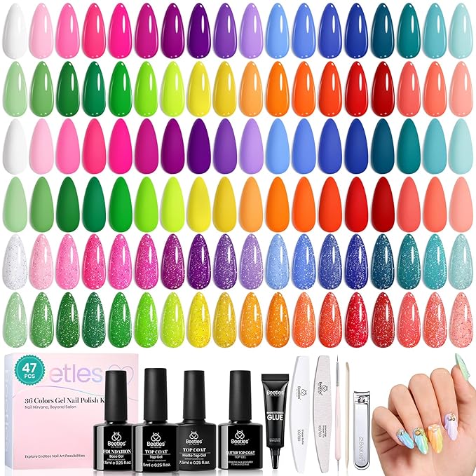 beetles Gel Polish Set - 36 Colors Neon Gel Nail Polish Pink Red Green Blue Yellow Nail Polish with 4Pcs Base Top Coat Soak off Colorful Holidays Collection UV Halloween Gifts for Women