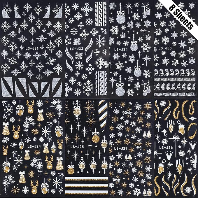 8 Sheets Christmas Nail Art Stickers - 3D Self-Adhesive Gold Glitter Snowflake Xmas Trees & White Reindeer Nail Decals - Winter Holiday DIY Kit