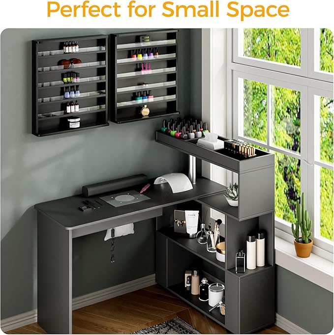 Manicure Table, L-Shaped Nail Tech Desk with Dust Collector, Reversible Rotating Table & Storage Shelf, Acetone Resistant Beauty Salon Station, Black