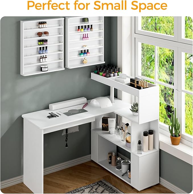 Manicure Table, L-Shaped Nail Tech Desk with Dust Collector, Reversible Rotating Table & Storage Shelf, Acetone Resistant Beauty Salon Station, White