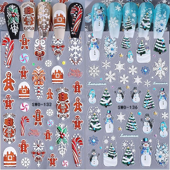 2 Sheets 5D Christmas Nail Stickers for Nail Art Self-Adhesive Embossed Winter Snowman Christmas Tree Snowflakes Xmas Gingerbread Man Nail Decals New Year Nail Design Sticker for Women DIY Manicure
