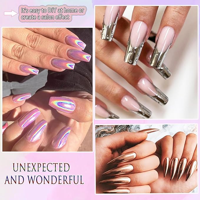 Chrome Nail Powder 8 Colors Chrome Powder for Nails Art Glitter Mirror Effect Holographic Pigment Aurora Iridescent Chameleon Powder 8g/Jar,Manicure Decoration Supplies,8 Sponge Sticks