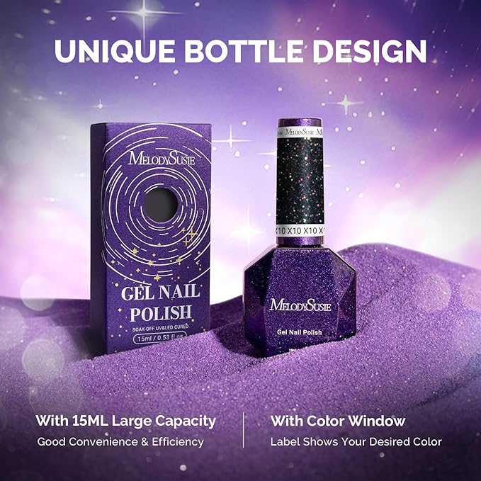 MelodySusie Galaliver Glitter Gel Nail Polish, 15ML Sparkly Shimmer Gel Polish Soak Off UV LED Cured Long Lasting Gift for Women DIY Nail Design Nail Art Manicure Colorful Black X10