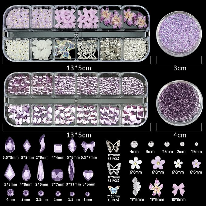 4 Boxes Purple Nail Gems Bow Flower Nail Charms for Acrylics - Irregular Crystals, Nails Rhinestone & Accessories for Women Nails Art Design Nails Decor(Purple)