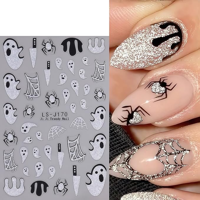 Halloween Nail Art Stickers Spider Web Nail Decals 2 Sheets 3D Self-Adhesive Glitter Spider Ghost Blood Nail Decals Day of Death Nails Stickers Holiday DIY Manicure Decoration Sticker for Women