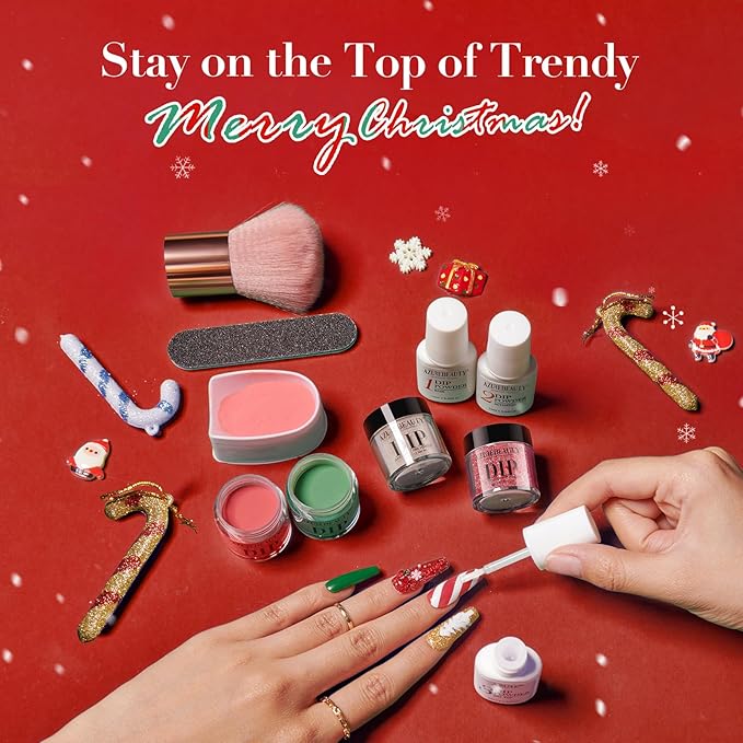 AZUREBEAUTY Christmas Dip Powder Nail Kit Green Red Glitter Silver 12 Pcs Acrylic Dip Powder Liquid Set with Base/Top Coat Activator for French Nail Art Manicure Home Holiday Gifts Set