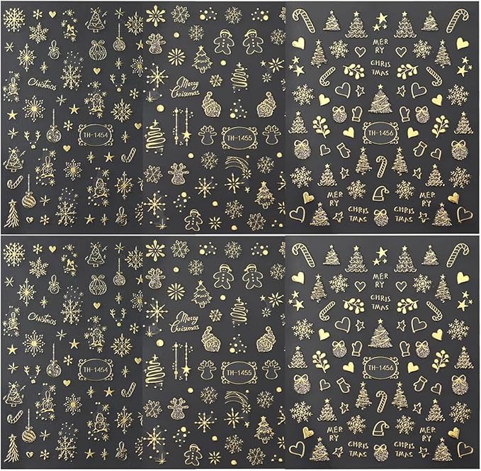 Christmas Nail Art Stickers Decals 3D Self-Adhesive Gold Christmas Nail Decals 6PCS Crystal Ball Snowflake Tree Candy Elk Xmas Nails Design Manicure Sliders for Women Holiday DIY Nail Decorations