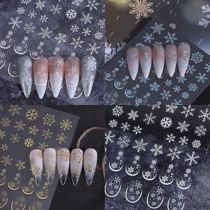 6 Sheets Christmas Nail Art Stickers 3D Self-Adhesive White Snowflake Nail Decals Winter Gold White Blue Snowflake French Nail Design Holiday DIY Manicure Decoration Supplies Accessories for Women