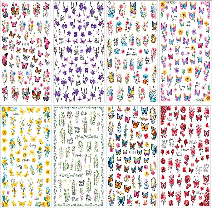 8 Sheets Butterfly Flower Nail Art Stickers 3D Self-Adhesive Spring Summer Nail Sticker Flower Nail Art Decals Holographic Blossom Nail Decal Decoration for Women Colorful Butterfly Manicure Supplies