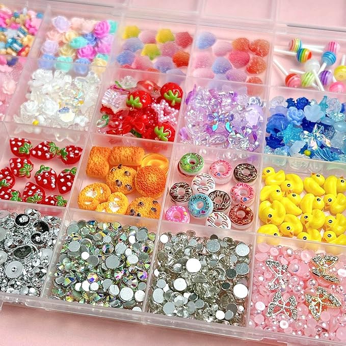 Mixed Colours Flower Nail Charms, Cute Strawberr Candy Star Heart Bow Charms for Nails, Alloy Cherry Gold Bead White Pearl Nail Art Designs for Nail Decorate DIY Craft Body Face Craft and Salon Use