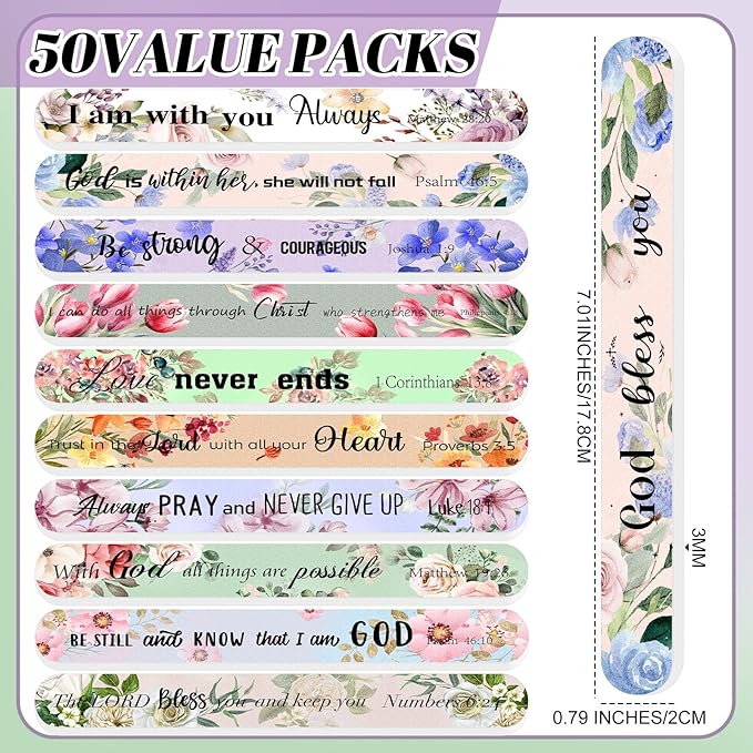 50 Pack Christian Gifts for Women Bulk Bible Verse Scripture Nail Files Floral Emery Boards Christian Religious Party Employee Appreciation Gifts for Team Staff Coworkers Teachers