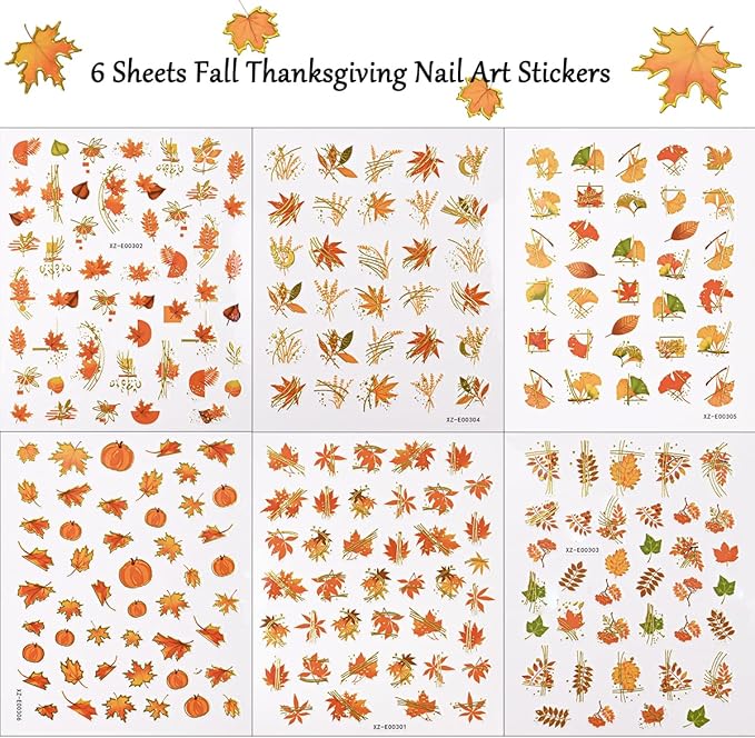 6 Sheets Gold Fall Nail Stickers Autumn Maple Leaf Nail Decals Cute Pumpkin Fox Ginkgo Fallen Leaves Nails Designs 3D Self-Adhesive Thanksgiving Nails Art Supplies for Women DIY Manicure Decorations
