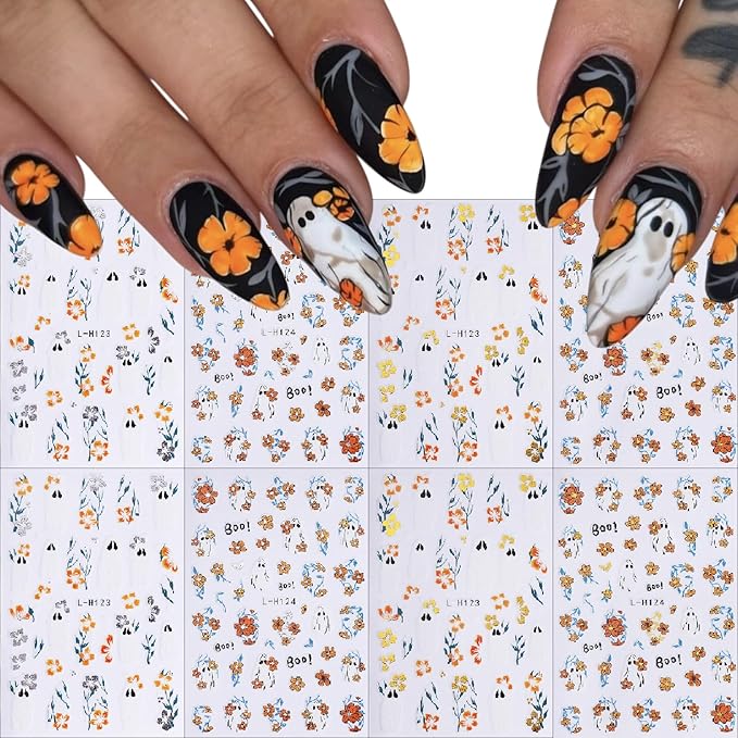 8 Sheets Halloween Nail Art Stickers Decals Halloween Cute Ghost Flower Nail Stickers Gold and Silver Hibiscus Flowers Designs Nail Decals for Women Girls DIY Manicure Decorations