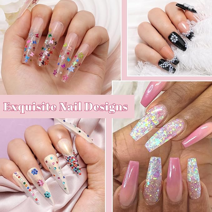 10 Boxes Nail Art Kit - 12 Colors Pointed/Flatback Rhinestones, 3D Gold/Silver/Rose Nail Studs, White Beige Half Pearls, Holographic Glitter & Foils + 3 Tools for DIY Nail Art Jewels & Crafts