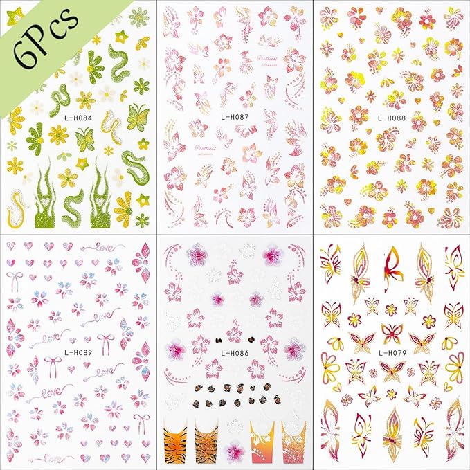 6Pcs Flower Nail Art Stickers 3D Glitter Hibiscus Nail Decals Pink Yellow Green Floral Nail Design Stickers French Tip Nail Art Sticker Spring Butterfly Nail Decoration Supplies for Women Manicure