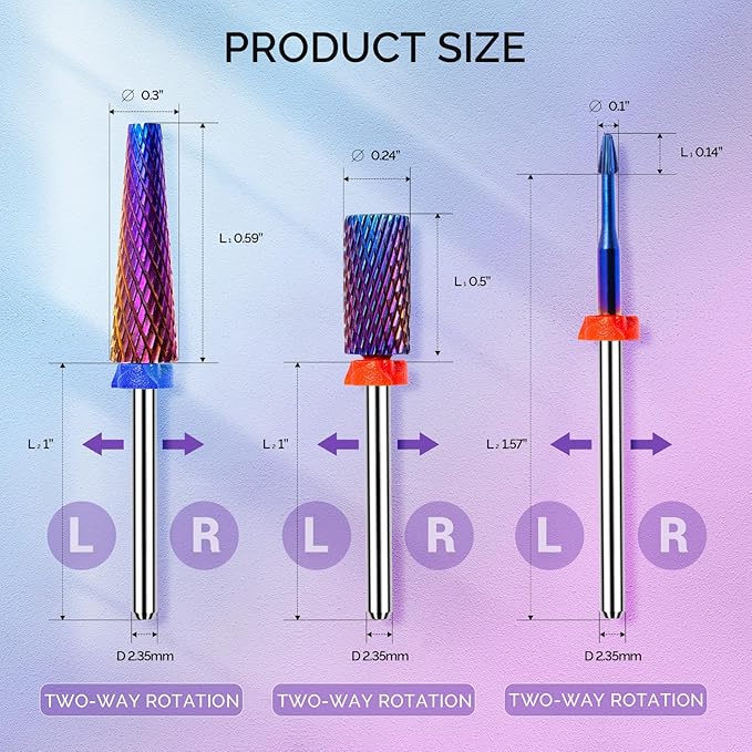 MelodySusie 3Pcs Nail Drill Bits Set, 3/32'' Carbide Tungsten Bits, Super Long 5 in 1, Flat Top Large Barrel and Cuticle Bits, Suitable for Manicure Pedicure Cuticle Gel Acrylic Remover, Purple