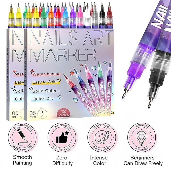 12 Colors Nail Art Pens Set,Upgraded Nail Art Markers for Art Design Acrylic Paint Marker,3D Polish Pencil for Gel Nails,Quick Drying Waterproof DIY Pen for Home & Salon Manicure Tools (24 Pcs)