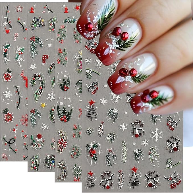 4 Sheets Christmas Nail Art Stickers Exquisite Holly Snowflake Nail Decals Design Reindeer Garland Nail Stickers 3D Self-Adhesive Xmas Winter Holiday Acrylic Nails Art Supply for Women Manicure Decor