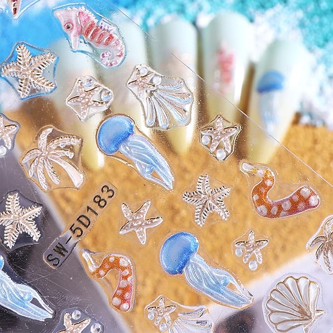 2 Sheets Summer Nail Art Stickers Decals 5D Embossed Ocean Theme Nail Stickers Shells Jellyfish Starfish Design Summer Nails Adhesive Decals Manicure Supply for Women DIY Nail Decorations