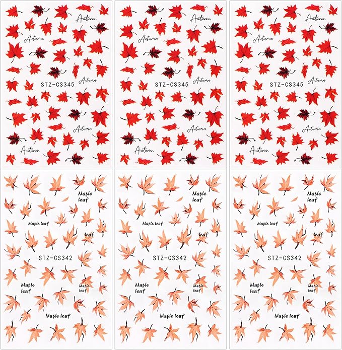 Fall Maple Leaves Nail Stickers for Thanksgiving, Fall Nail Art Decals 3D Self-Adhesive Cute Fox Pumpkin Bow Nails Stickers Nail Design 6Pcs Nail Art Supplies for Women Nail Decoration