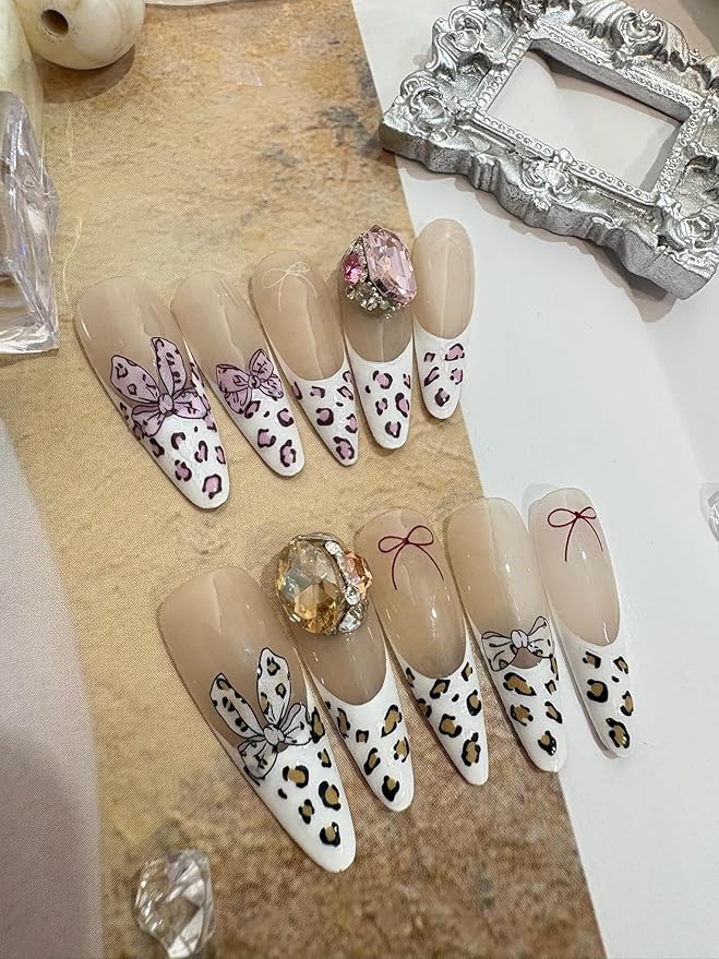 Leopard Print Bow Nail Stickers Self-Adhesive, 2 Sheets Mini Nail Art Decorations Kit - DIY Easy Apply for Everyday, Party, Gifts