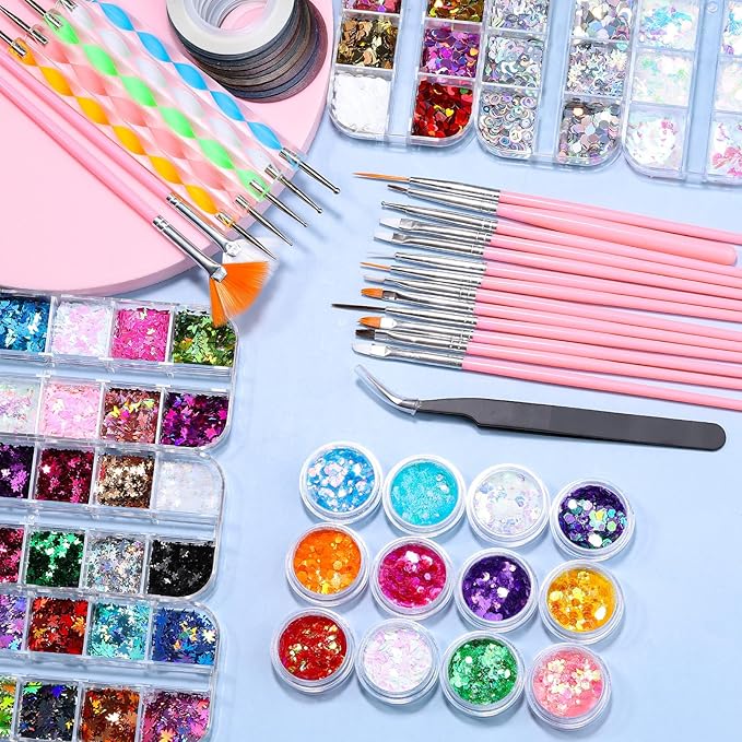 Nail Art Kit for Beginners with Nail Brushes Set and Dotting Tools, Jumbo Holographic Glitter Sequins Assorted Heart Star Maple Leaf Glitter Flakes Colorful Striping Tape with Tweezers (02-Pink)