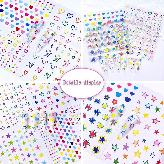 6 Sheets Sparkling Colorful Five-Pointed Star Nail Art Stickers 3D Self-Adhesive Heart Nail Sticker Colorful Summer Flower Design Nail Decals Supplies for Women Girls DIY Manicure Decoration